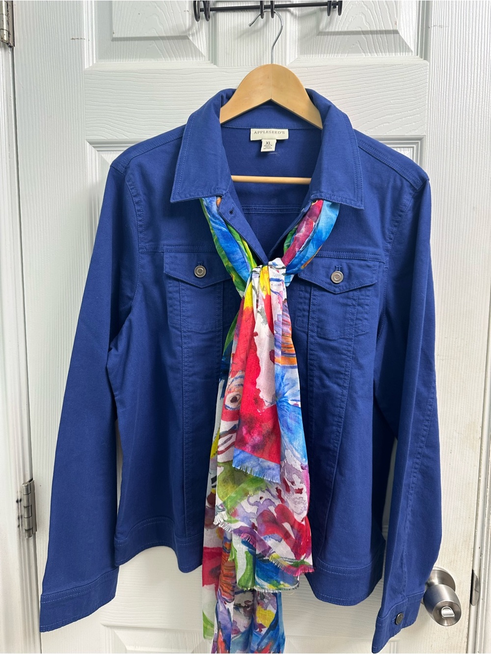 NWT Appleseeds Blue Denim-Style Jacket with Colorful Scarf Combo
